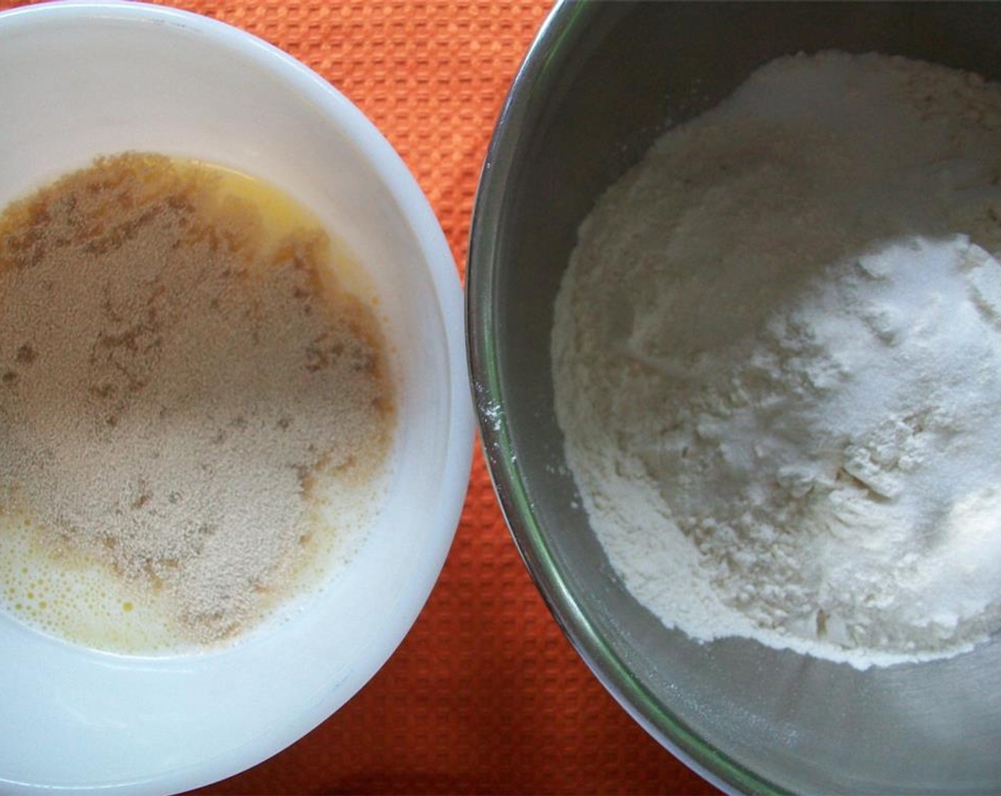 step 1 Combine Milk (1 cup), Water (1/3 cup), Butter (2 Tbsp), Granulated Sugar (1/4 cup) and Active Dry Yeast (1/2 Tbsp). In another bowl, combine All-Purpose Flour (3 1/4 cups) and Salt (1/2 Tbsp).