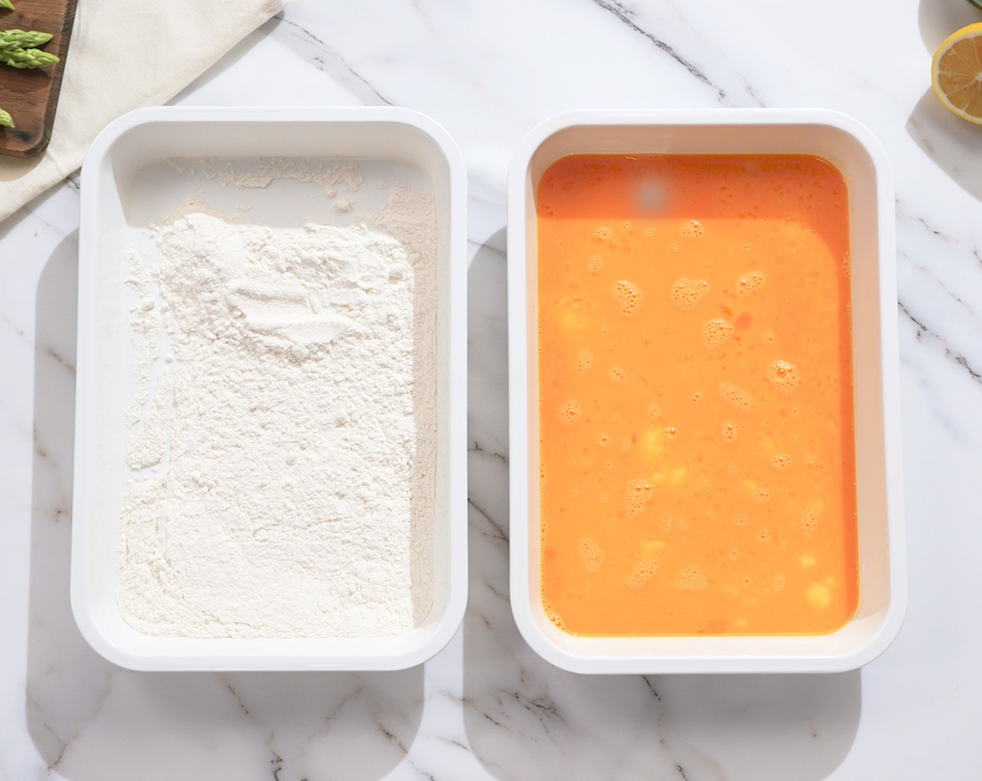 step 3 Set up a dredging station with three shallow trays where one tray has All-Purpose Flour (1/2 cup), one has the Egg (1), and the last one has the breadcrumb mixture.