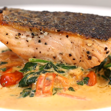 Seared Salmon with Creamy Crushed Tomatoes Recipe | SideChef