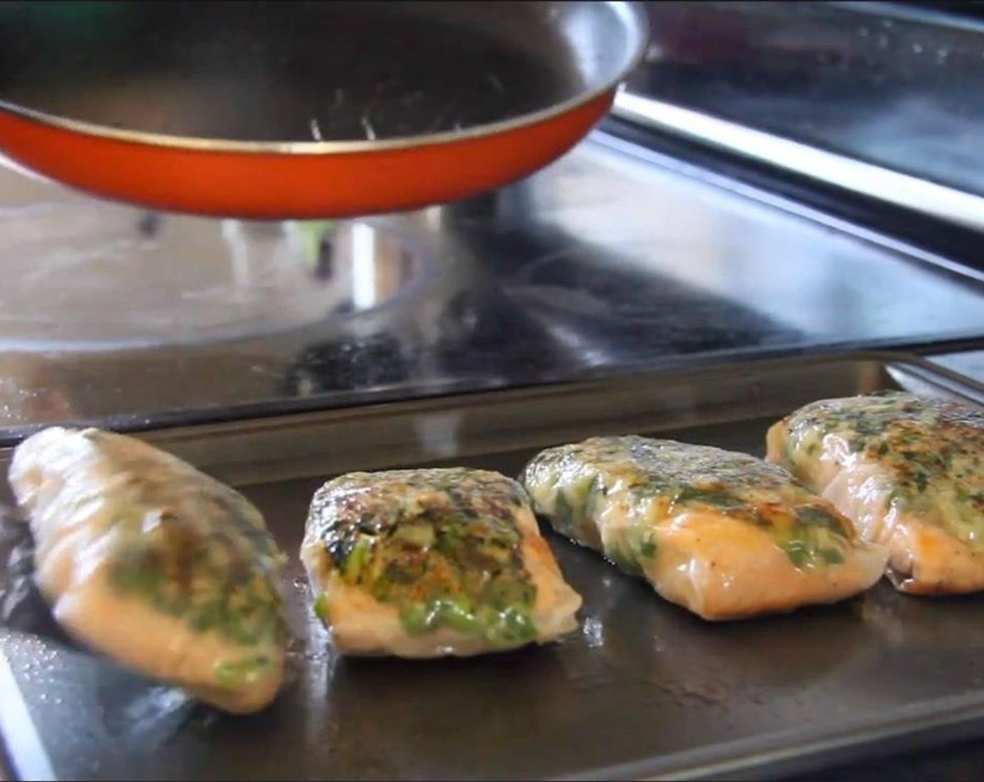 step 19 Transfer to a lightly greased baking sheet, presentation side-up and pop into the oven to cook for about 6-7 minutes to finish cooking the salmon on the inside.