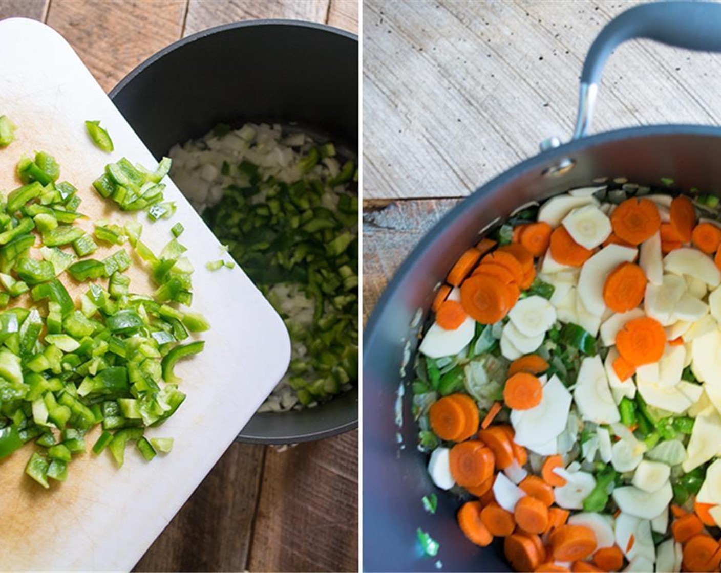 step 1 Using a large pot, saute Onions (2) and Garlic (4 cloves) in Coconut Oil (1 Tbsp) for 2-3 minutes. Add Sweet Potatoes (3), Carrots (3), Parsnips (3), and Bell Peppers (2) and continue cooking until onions are soft and translucent, 5 to 7 minutes.