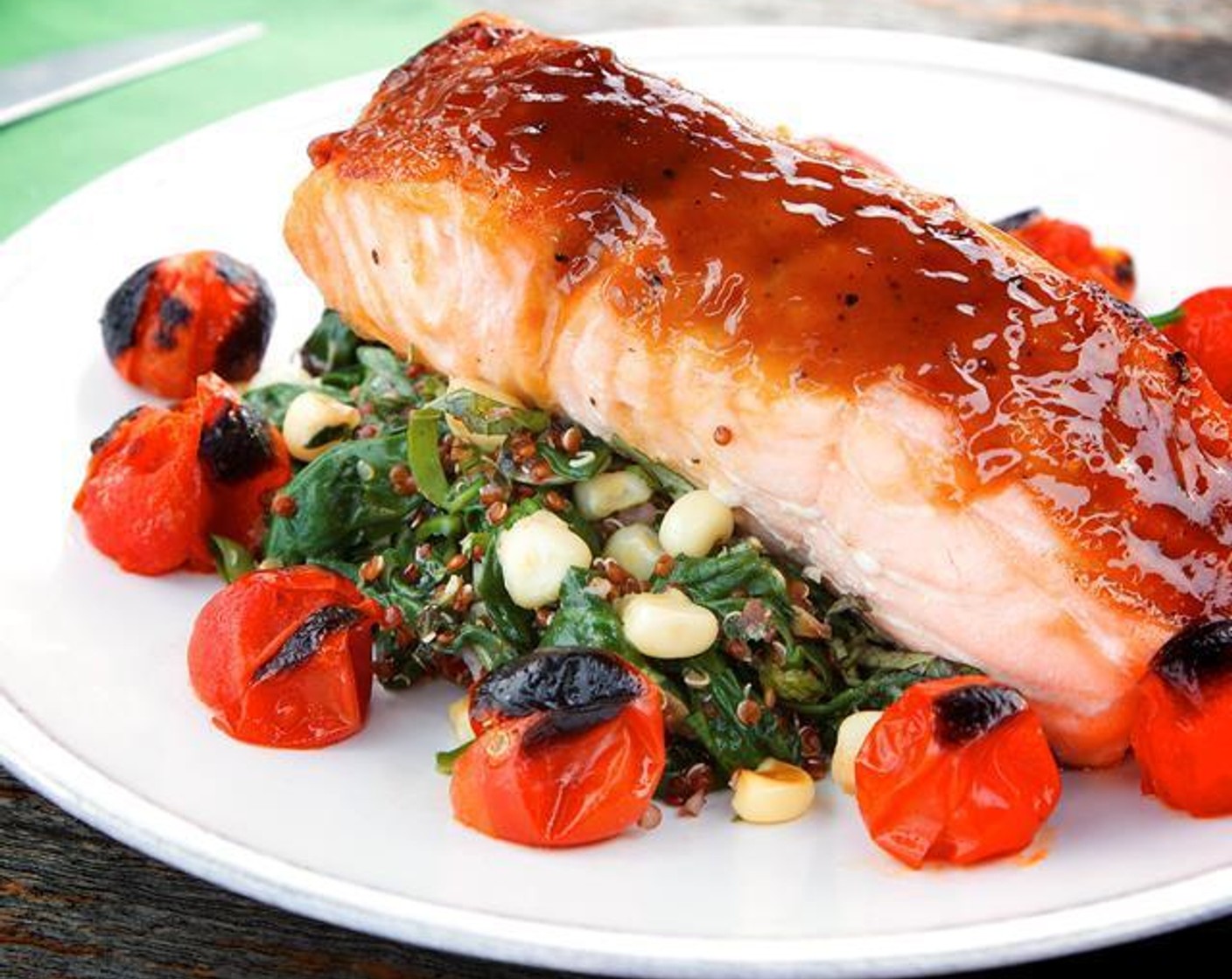 Maple Glazed Salmon with Corn Quinoa and Spinach