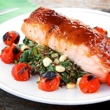 Maple Glazed Salmon with Corn Quinoa and Spinach Recipe | SideChef