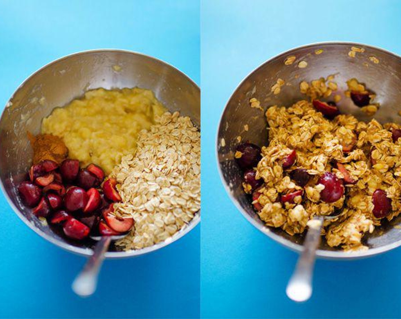 step 1 In a large bowl, mash Bananas (2) with a fork. Stir in Cherry (1/2 cup), Old Fashioned Rolled Oats (1 1/2 cups) and Ground Cinnamon (1 tsp).