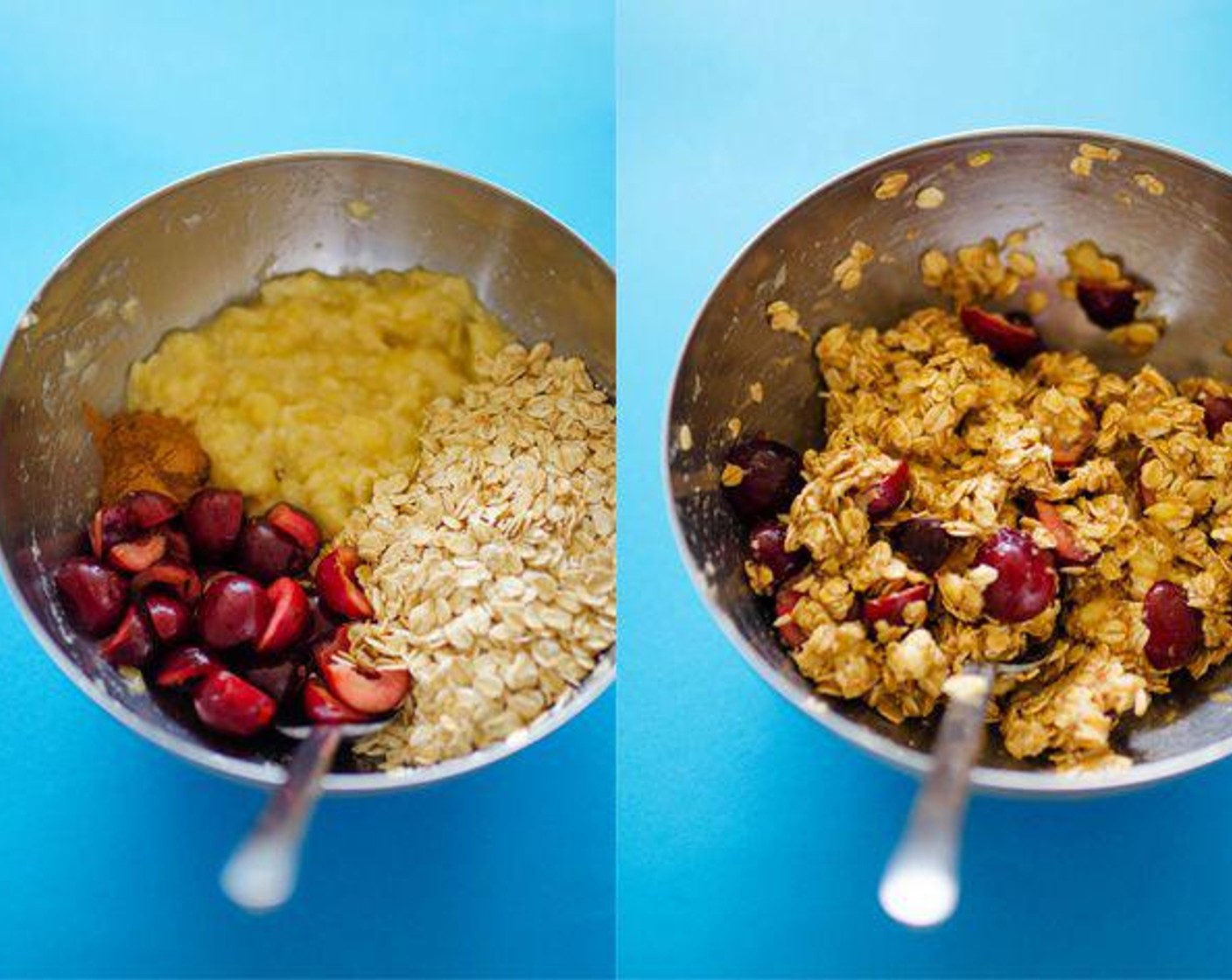 step 1 In a large bowl, mash Bananas (2) with a fork. Stir in Cherry (1/2 cup), Old Fashioned Rolled Oats (1 1/2 cups) and Simply Organic Cinnamon, Ground (1 tsp).