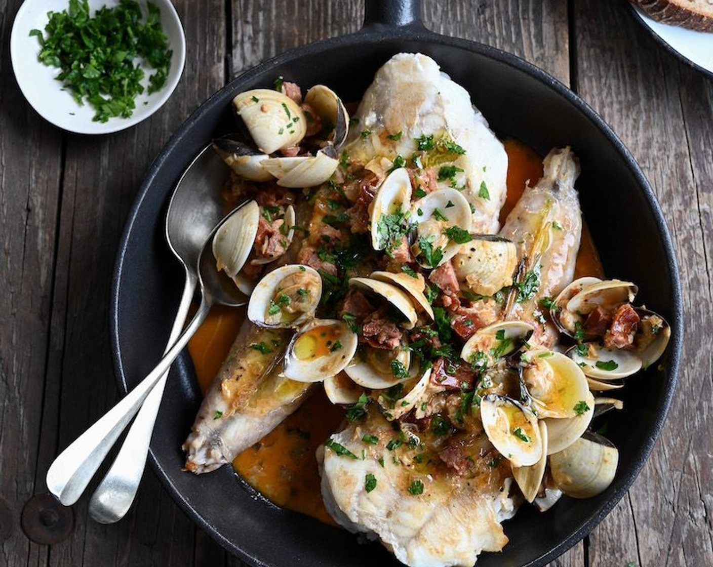 Monkfish with Citrus, Chorizo, and Clams