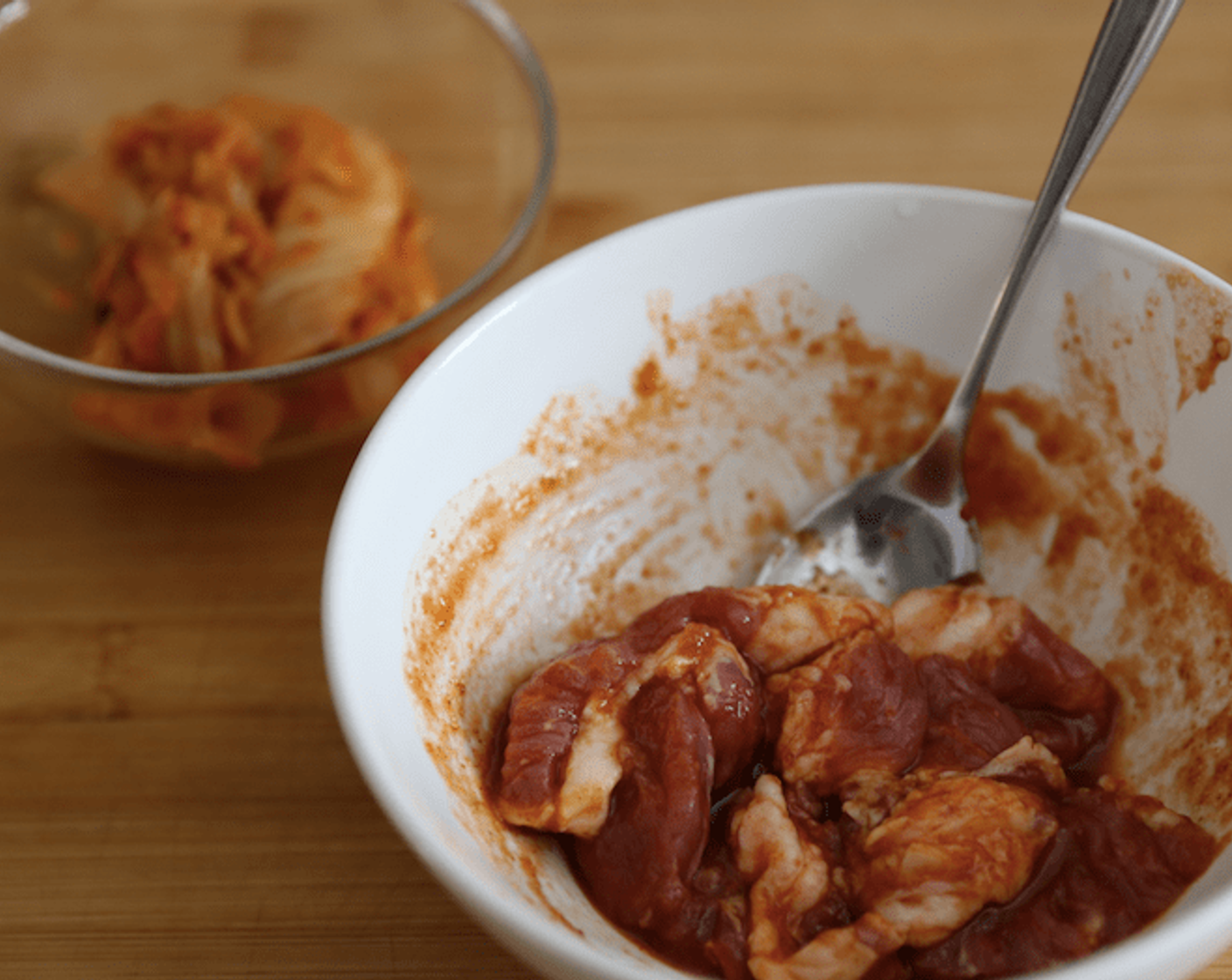 step 2 Mix the Granulated Sugar (1 1/4 tsp) and Sriracha (1 Tbsp) and pork together.