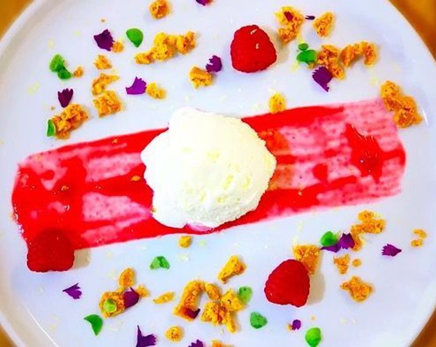 Ice Cream with Honeycomb, Pickled Raspberries, Raspberry Coulis