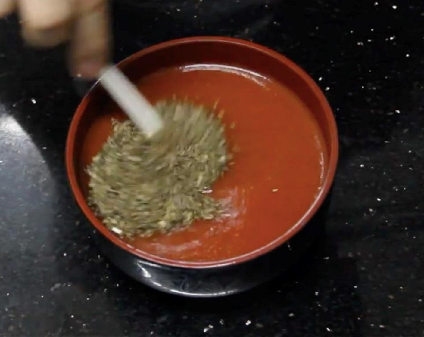 step 7 Mix Dried Basil (1 tsp) into Tomato Sauce (1 3/4 cups).