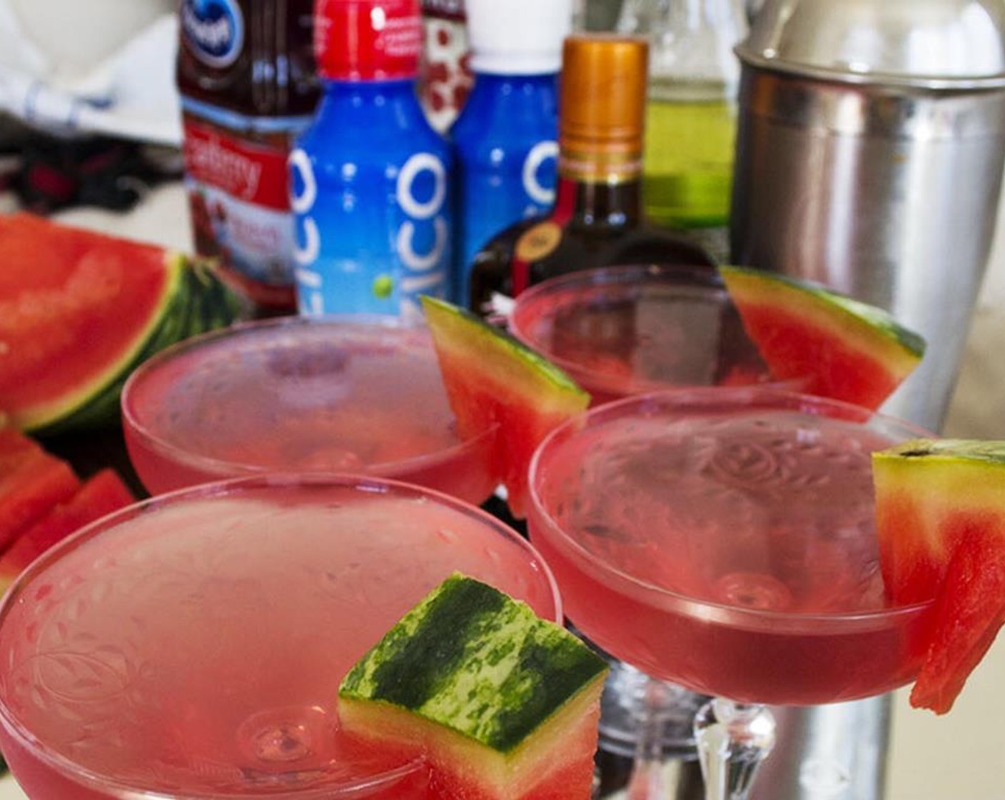 step 2 Strain beverage into chilled martini glass. Garnish with Watermelons (to taste).