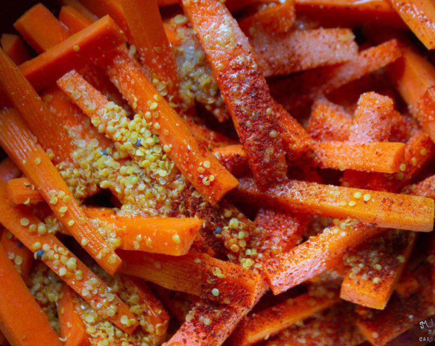 step 5 Toss the dried carrots with Mustard Seeds (1/2 Tbsp), Salt (1/2 tsp), Vegetable Oil (1 Tbsp), 1/4 cup lime juice and Kashmiri Red Chili Powder (1/4 tsp). Taste for seasoning and adjust the salt or lime juice to your taste.