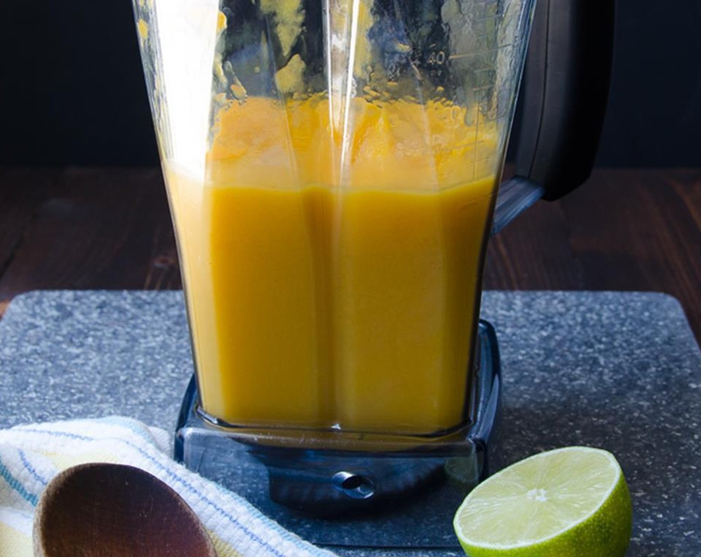 step 3 Secure the lid and puree. Add the Ice (2 cups). Secure the lid on the blender and start at a slow speed, gradually increasing until the fruit and ice are pureed into a smooth consistency.