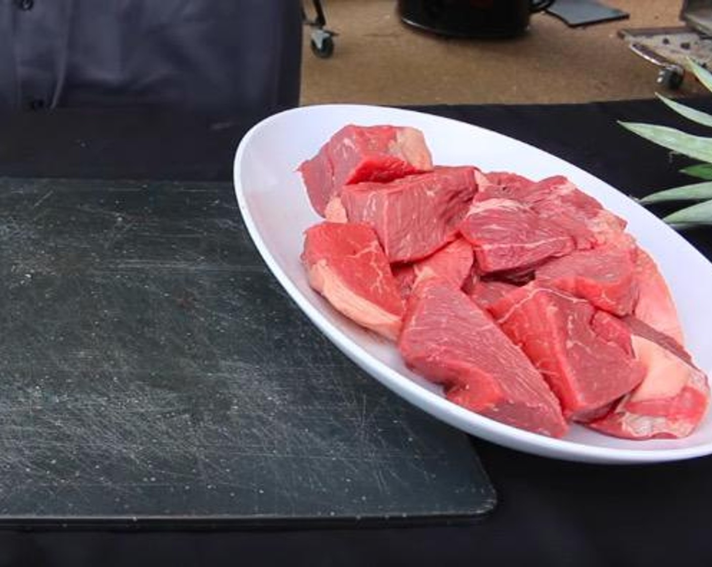step 1 Cut Top Sirloin (3 lb) into 2x2-inch cubes. Leave as much fat cap on the meat as possible.