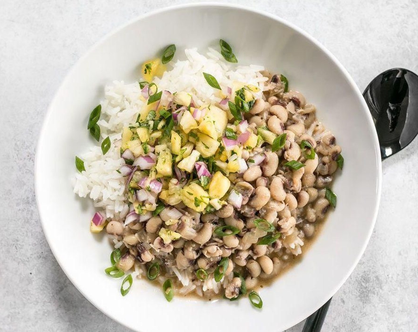 Coconut Jerk Peas With Pineapple Salsa