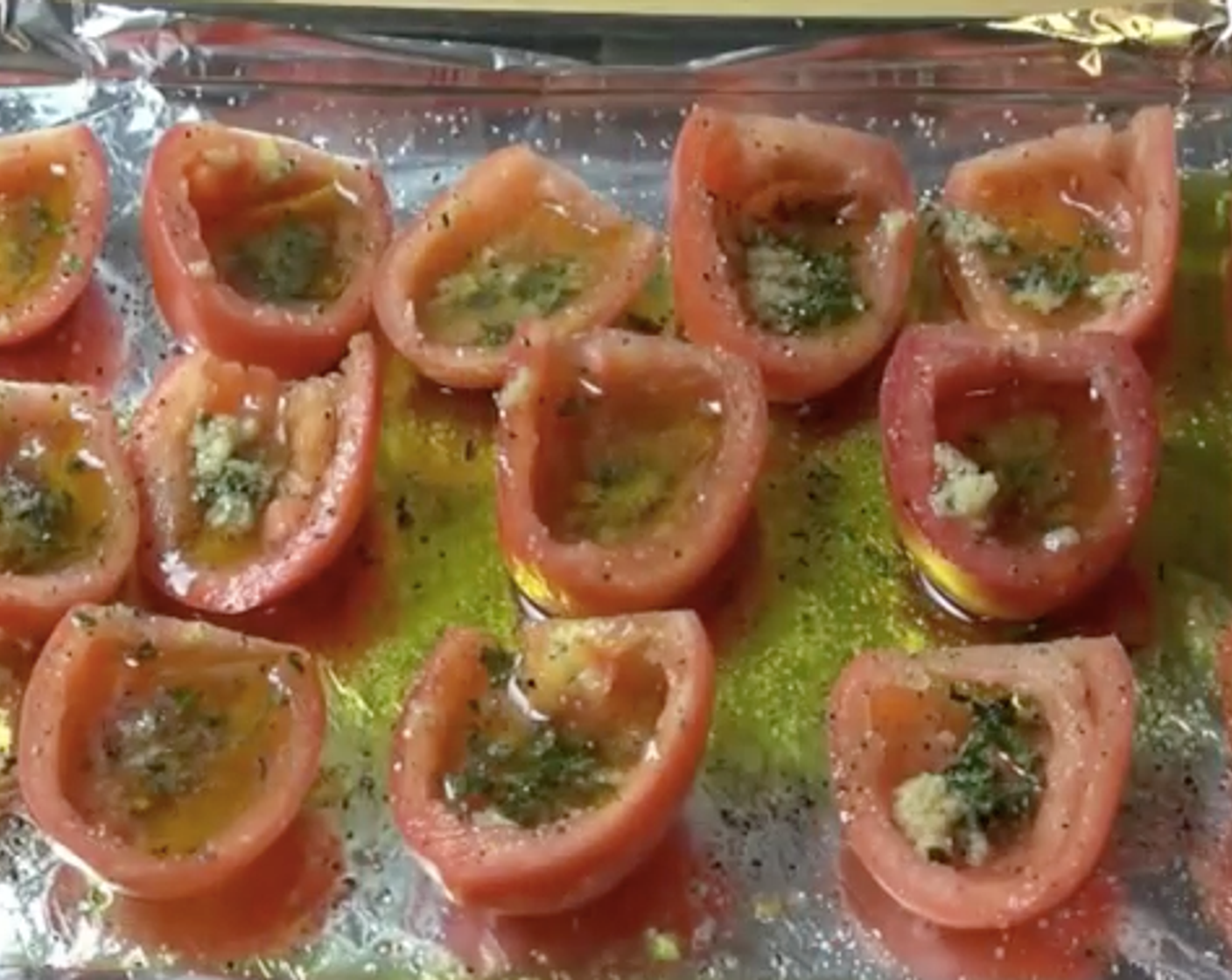 step 4 Pour our herby olive oil mixture over each of the tomatoes. Season generously with some Salt (to taste) and Ground Black Pepper (to taste).