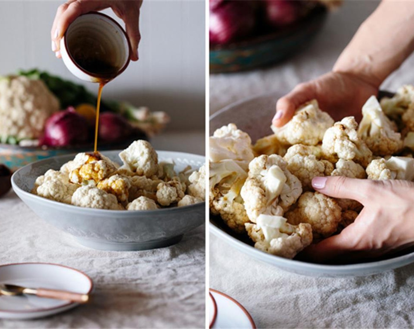 step 5 Pour over the Cauliflower (1). Give it a large stir (preferably using your hands) making sure that most of the florets are covered with the mixture.