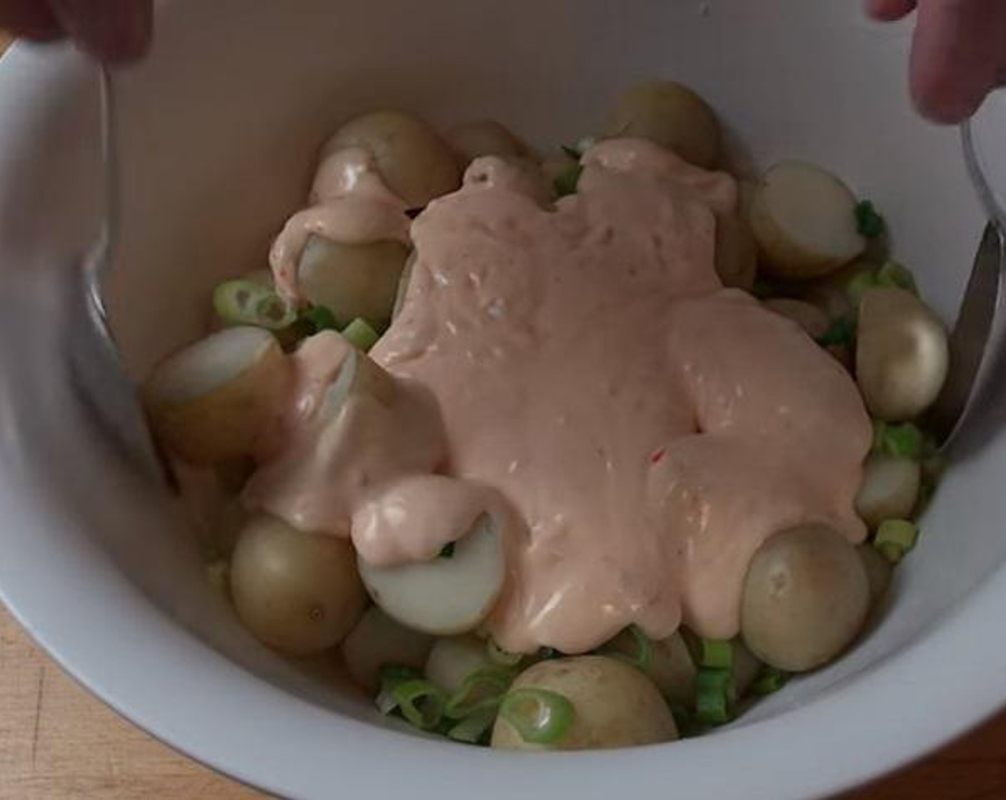 step 3 Take your potatoes from the refrigerator and put them in bowl. Add to the bowl chopped Scallion (1 bunch). Pour over the royal dressing, and toss everything together genuinely.