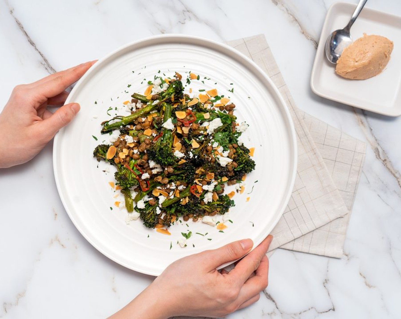 Warm Broccolini and Lentil Salad with Anchovy Butter Sauce