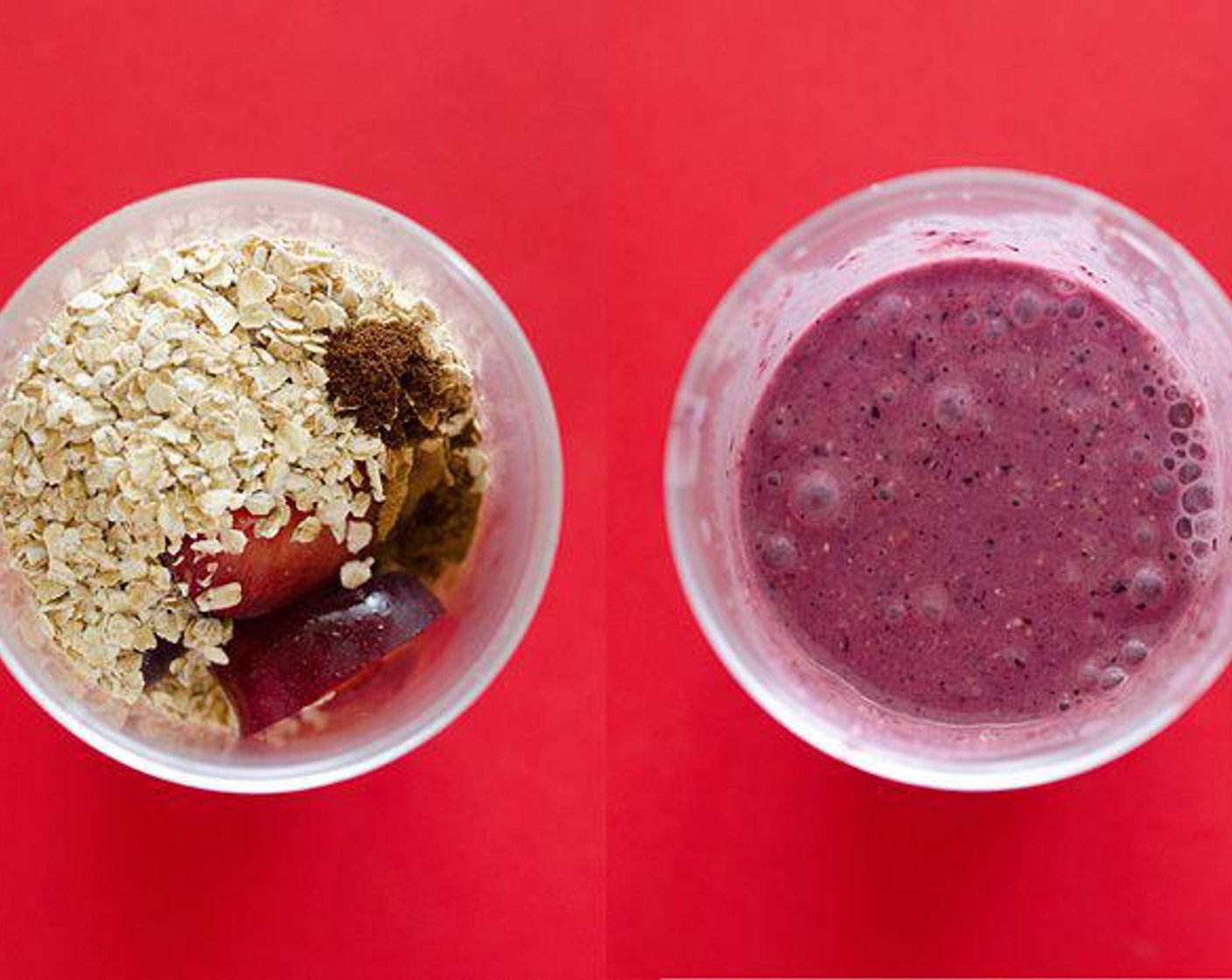 step 1 Combine Plums (2), Frozen Blueberries (1/2 cup), Banana (1), Old Fashioned Rolled Oats (1/2 cup), Milk (1 cup), Simply Organic Cinnamon, Ground (1/4 tsp) and Ground Cloves (4 Tbsp) in a blender and blend until smooth. Add more milk or a touch of Honey (to taste) to reach a consistency and sweetness to your liking.