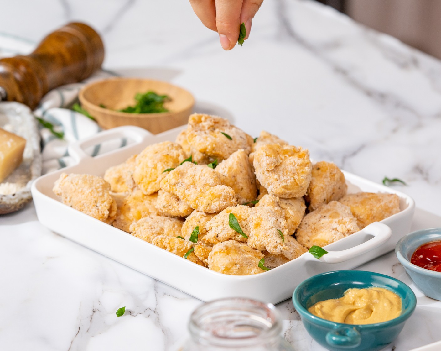 step 9 Garnish with Fresh Parsley (to taste). Serve your keto chicken nuggets with Dijon Mustard (to taste) and Sugar-Free Ketchup (to taste).