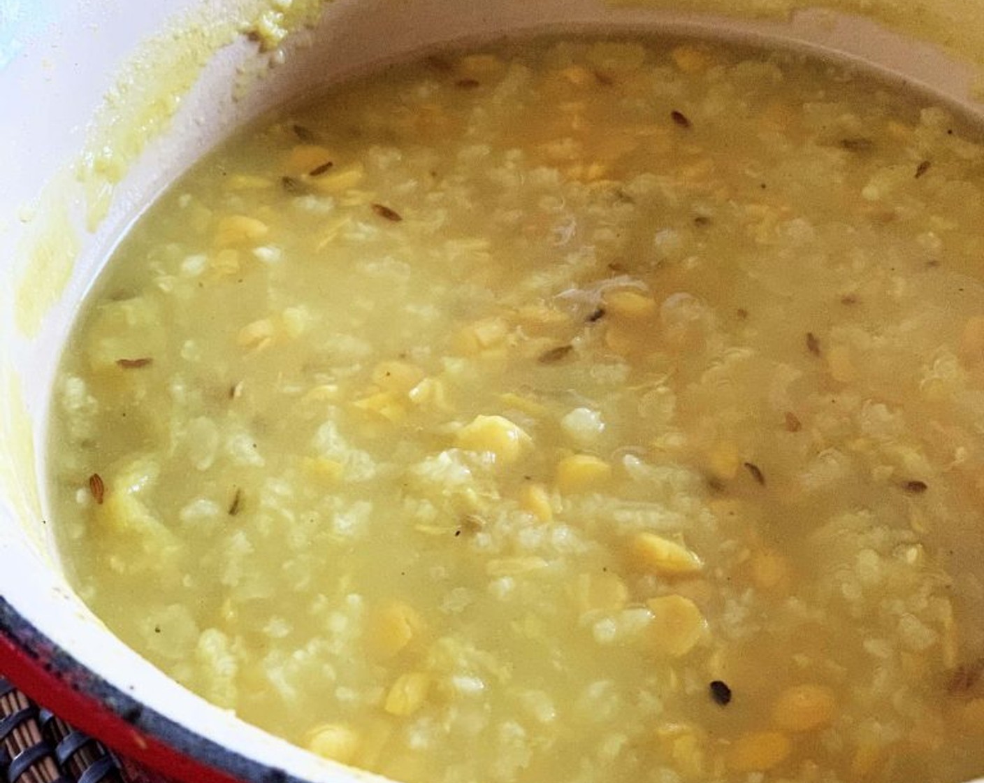 step 3 Add in mung beans, rice, Water (4 1/2 cups), Fresh Ginger (3/4 in), Ground Black Pepper (to taste), and Salt (1 tsp). Cover with a lid, and let simmer for about 30 minutes. If too thick, add more water for a thinner texture.