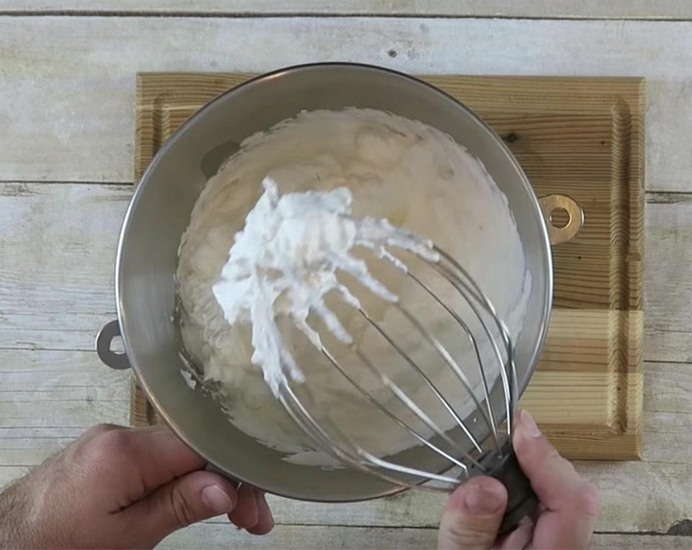 step 9 Add Heavy Cream (1 1/2 cups) to a mixing bowl. Whisk on high until it forms stiff peaks.