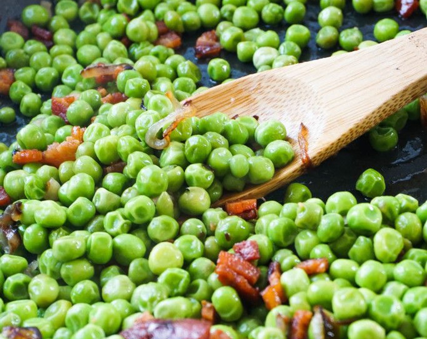 step 11 Add the Frozen Green Peas (1 bag) and toss to coat in the pancetta and onion. Season with Salt (to taste) and Ground Black Pepper (to taste). Cook for 3-5 minutes, until the peas are heated all the way through. Taste and adjust seasonings as necessary.