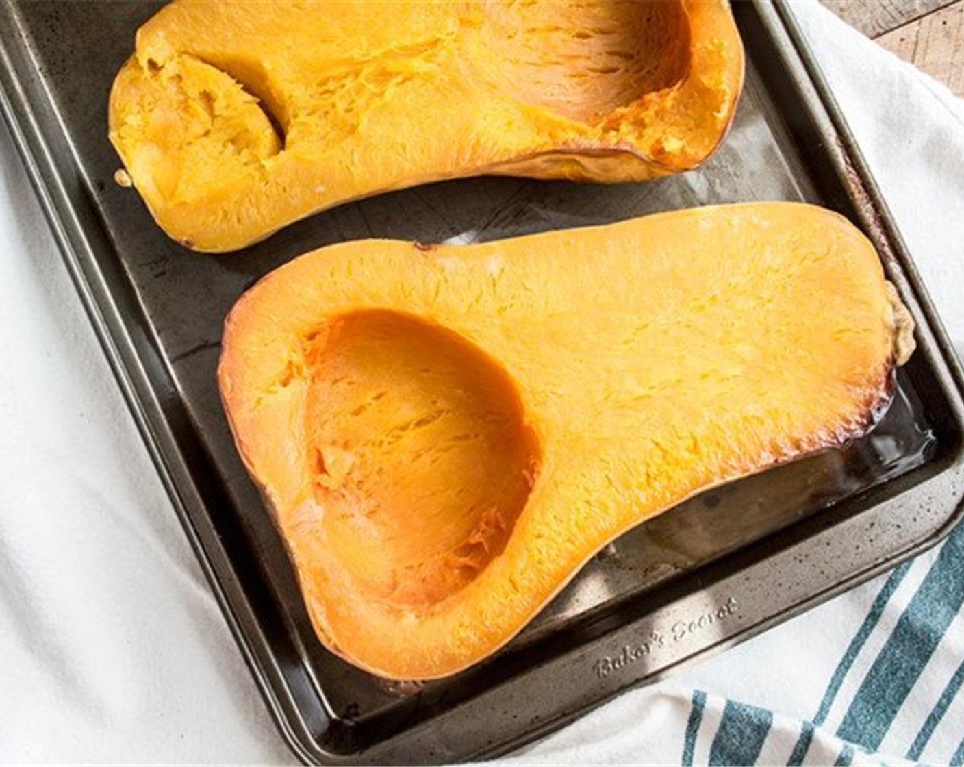 step 3 Cut the Butternut Squash (3 cups) in half lengthwise, remove seeds and bake with flesh side down for approximately 40 minutes or until flesh is well cooked and easily mashed.