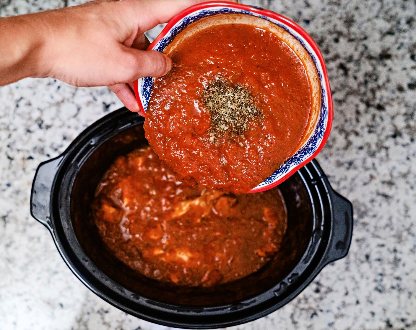 step 2 Pour the Tomato Sauce (5 2/3 cups) into the crockpot. Stir in Dried Oregano (to taste), Dried Basil (to taste), Sea Salt (to taste), and Ground Black Pepper (to taste).