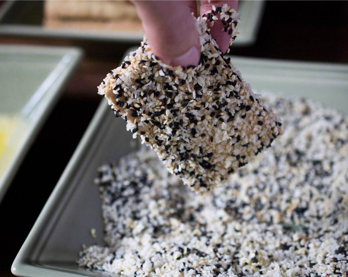 step 8 Transfer the sesame crusted slices to a large dish and momentarily set aside.