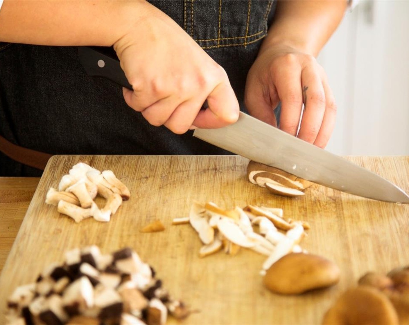 step 2 Cut Portobello Mushrooms (1 1/3 cups) caps into quarter inch dice. Remove stems from Shiitake Mushroom (1 cup) and discard. Slice caps into quarter inch thick slices. Set aside with portobello.