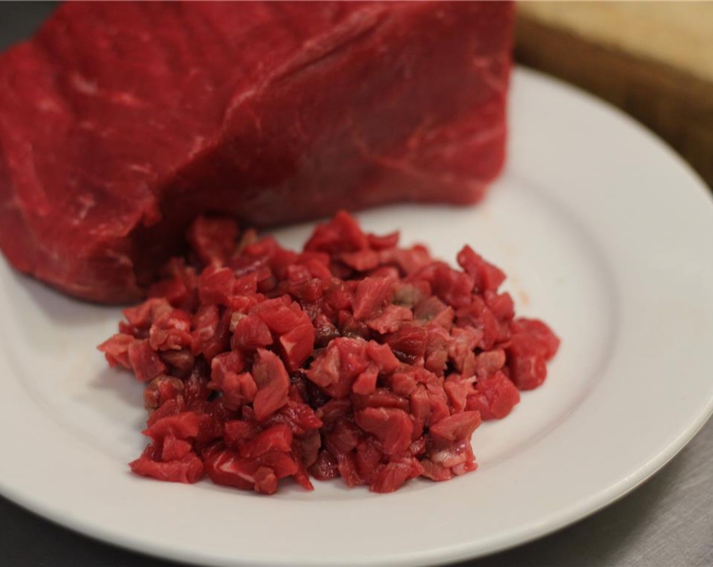 step 2 Dice the Beef Sirloin Ball Tip (3 oz) into very small pieces by cutting pieces along the grain, then slicing into strips and finally into a small dice. Make sure to use a sharp knife!