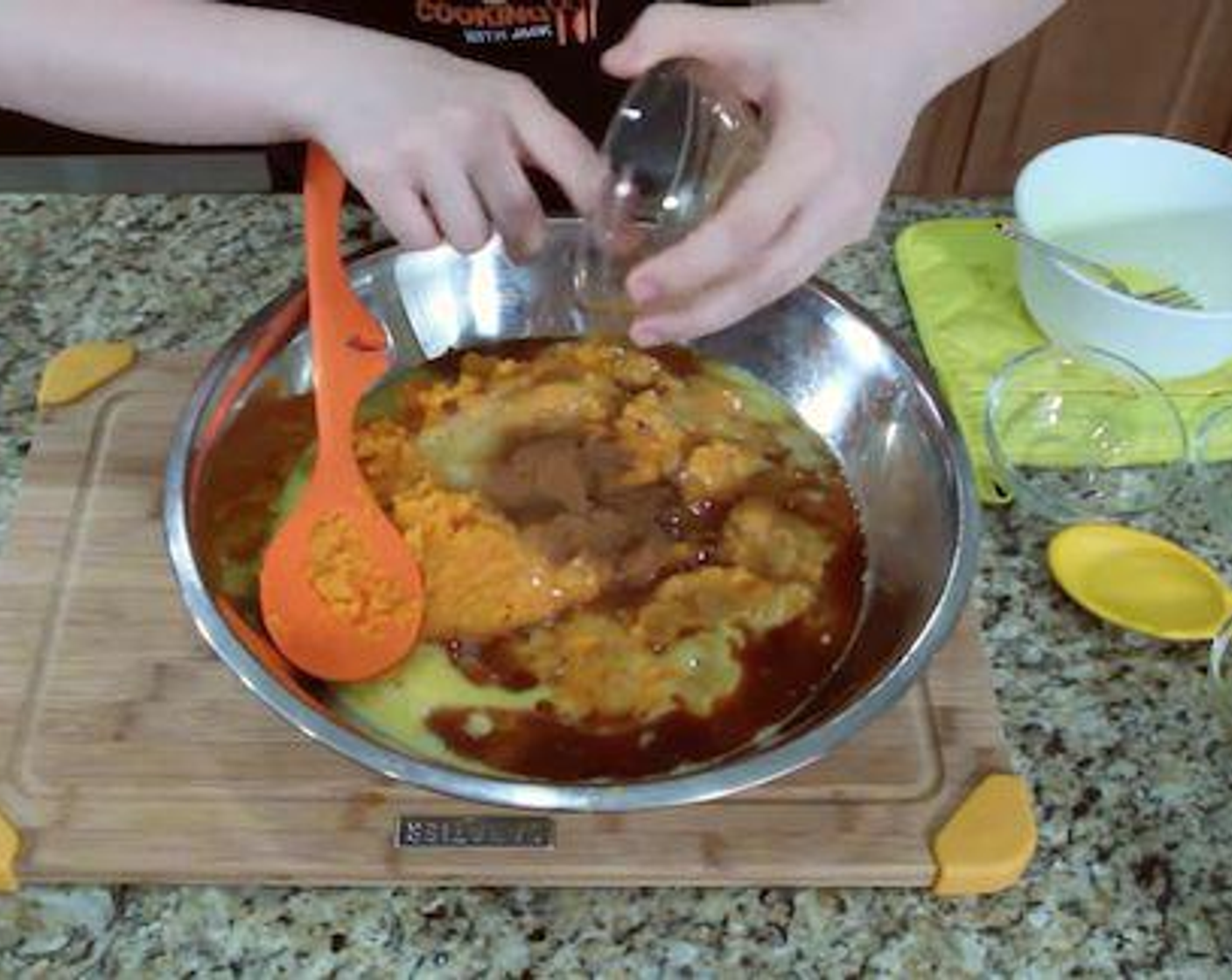 step 3 Mix in Granulated Sugar (1 1/2 cups), Butter (1 cup), Vanilla Extract (1/2 Tbsp), Salt (1/2 tsp), Eggs (4), Ground Cinnamon (1 tsp), zest and juice from Orange (1) and put in casserole dish.