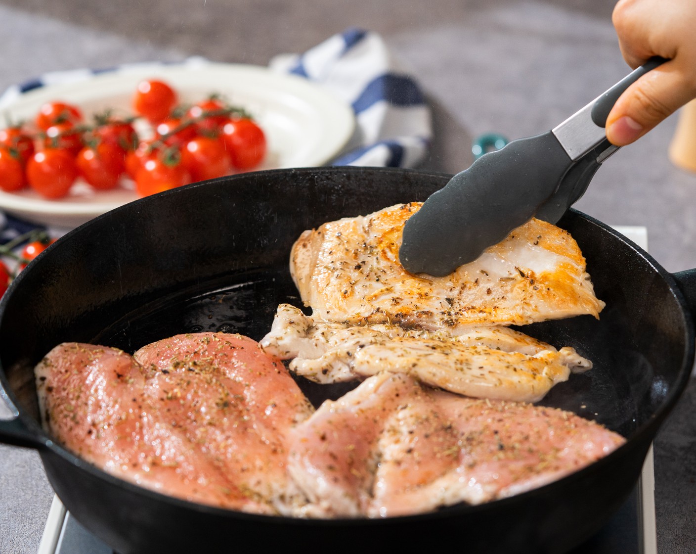 step 3 In a skillet, heat the Olive Oil (2 Tbsp) over medium-high heat. Once hot, add chicken to the skillet and cook for 2-3 minutes.