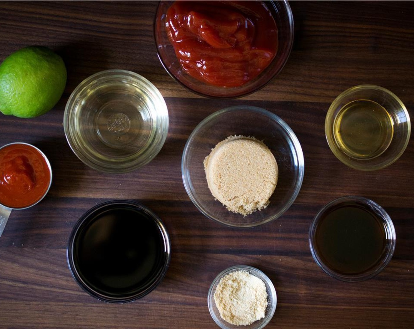 step 1 Prepare Olive Oil (1 Tbsp), Sriracha (1/4 cup), Soy Sauce (1/3 cup), Rice Vinegar (1/3 cup), Brown Sugar (1/3 cup), Ketchup (2/3 cup), juice from Lime (1), Worcestershire Sauce (2 Tbsp), Honey (1 Tbsp) and Onion Powder (1 tsp).
