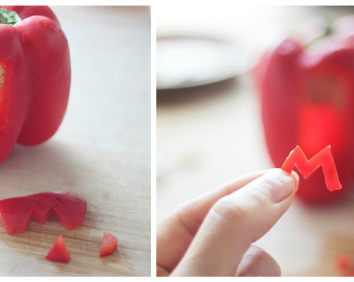 step 4 Cut Red Bell Pepper (1/2) to make his “M” logo on the hat.