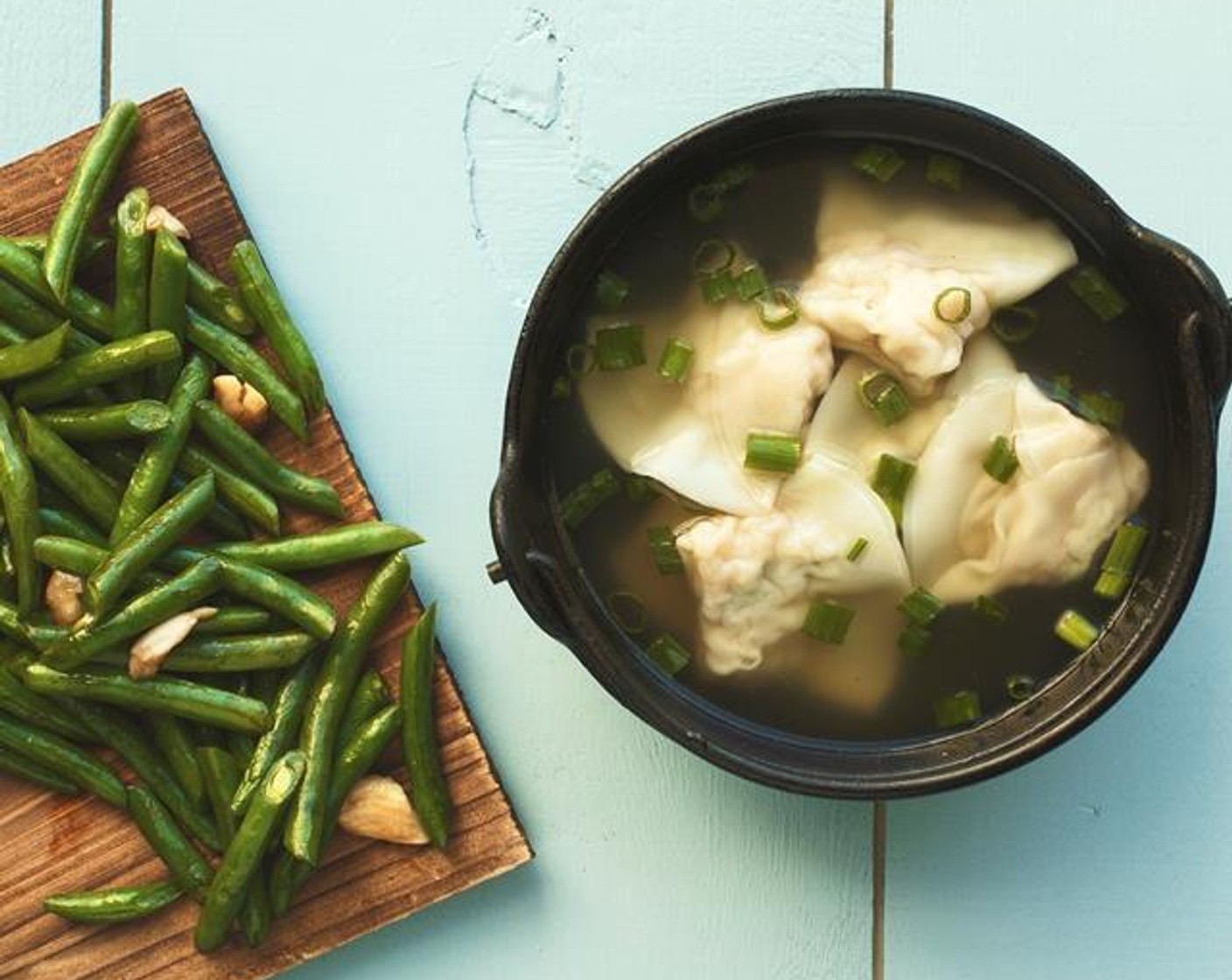 Shrimp Dumpling Soup and Green Beans with Garlic