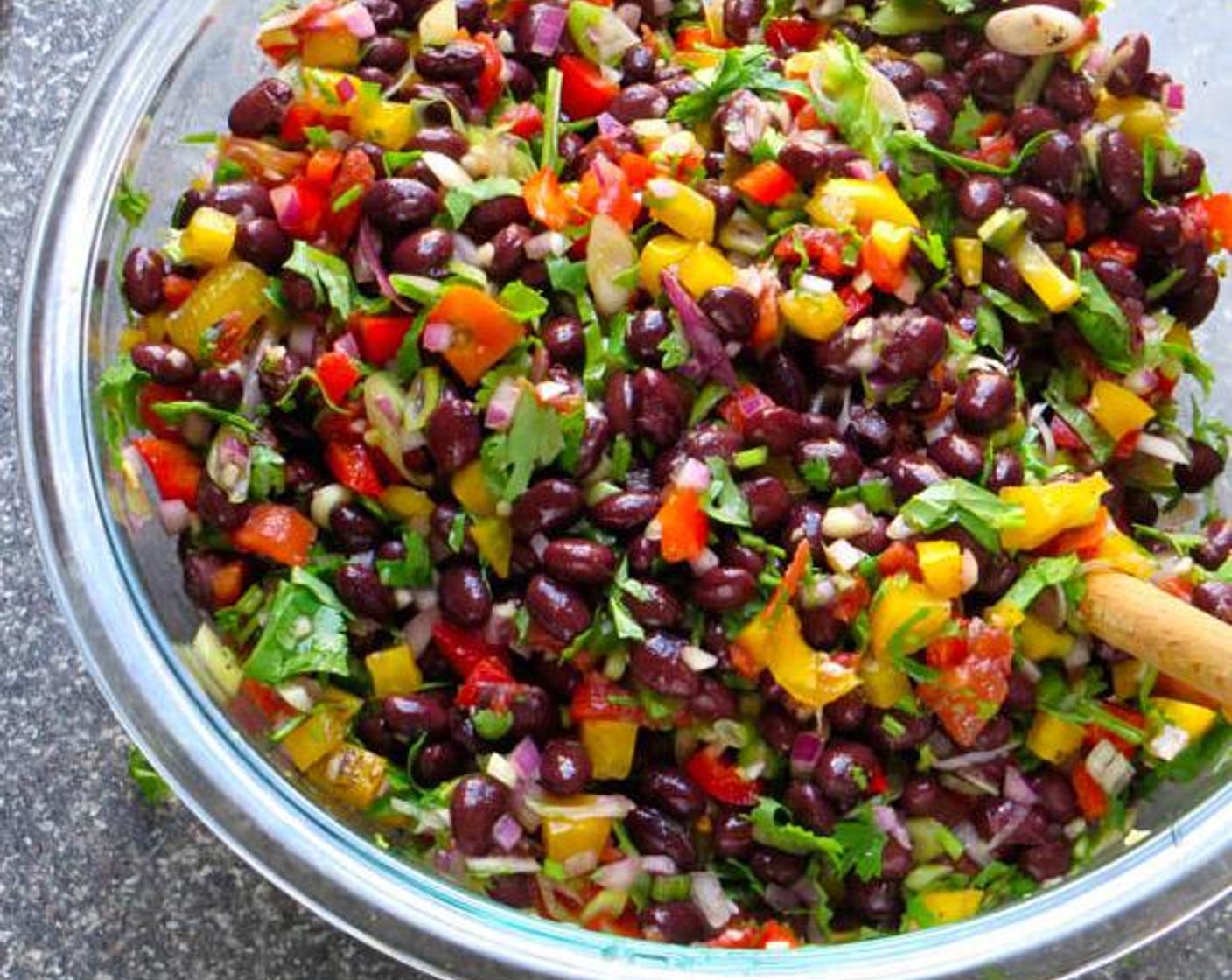 step 1 In a large bowl combine, the Red Bell Pepper (1/2), Yellow Bell Pepper (1/2), Jalapeño Pepper (1), {@10:}, Canned Black Beans (2 cans), Scallion (1 bunch), Ro-Tel® Diced Tomatoes & Green Chilies (1 can), {@11:}, Red Onion (1/2), Fresh Cilantro (1 cup), Kosher Salt (1/2 tsp), and Ground Black Pepper (1/4 tsp). Toss to combine.