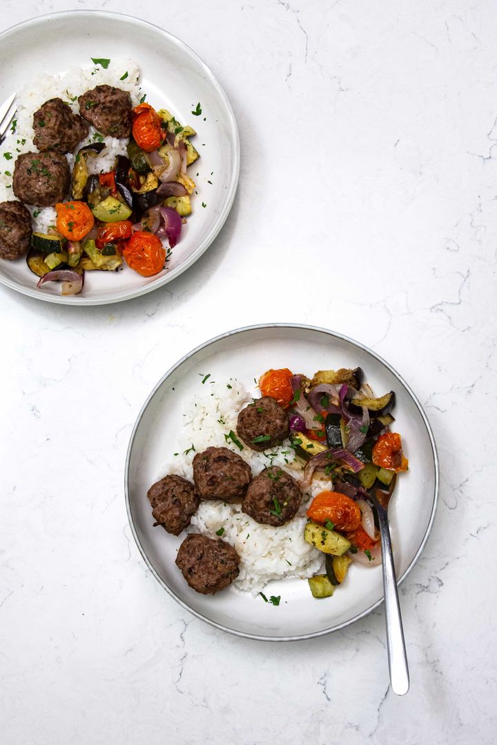 Beef Kofta Meatballs with Roasted Vegetables Recipe SideChef
