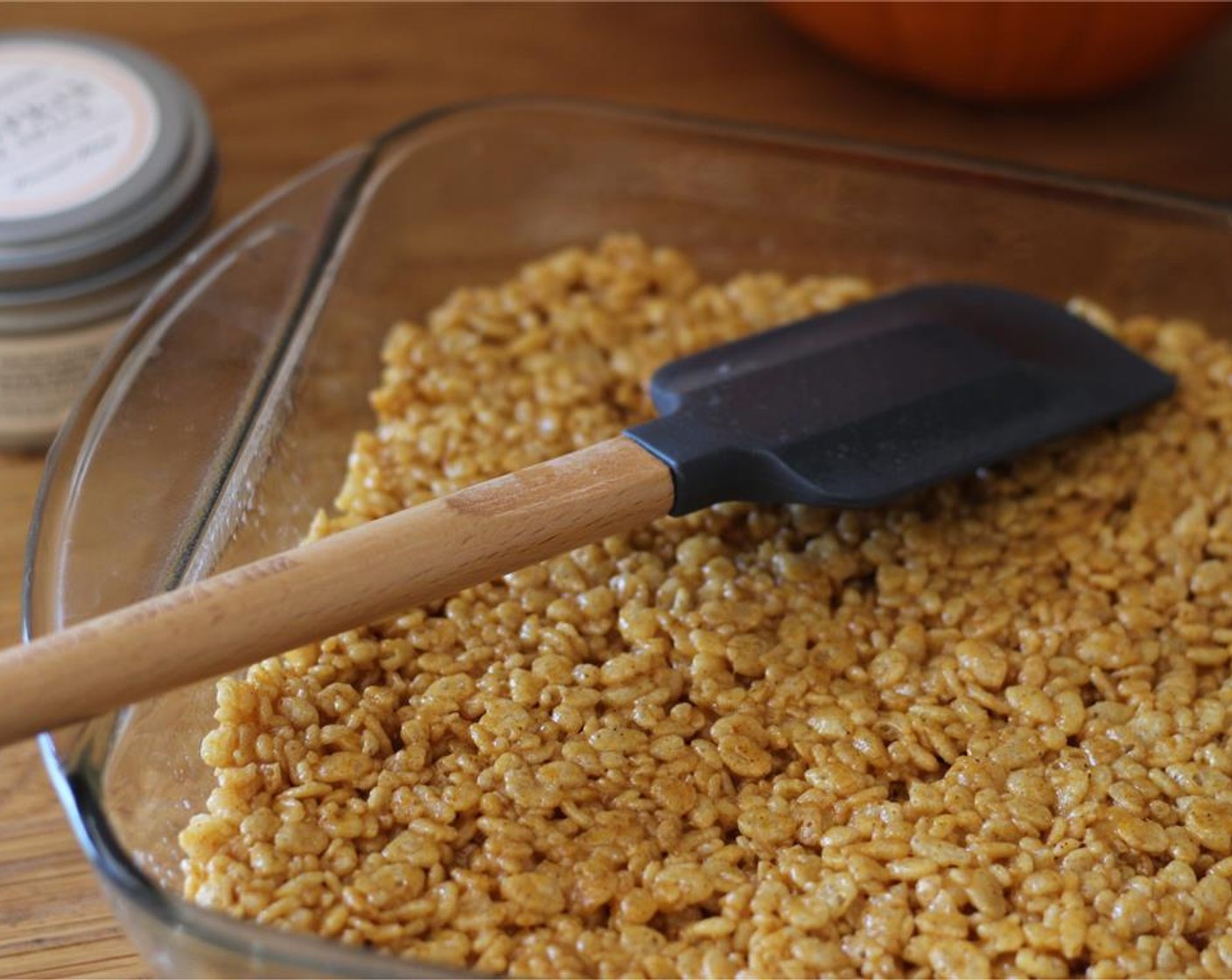 step 3 Stir in the Rice Krispies® Cereal (5 1/2 cups). Spray an 8x8 baking dish with nonstick spray. Spread the mixture into the dish and press gently with a greased spatula.
