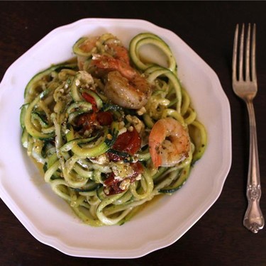 Roasted Tomato Pesto Zoodles with Sautéed Shrimp Recipe | SideChef