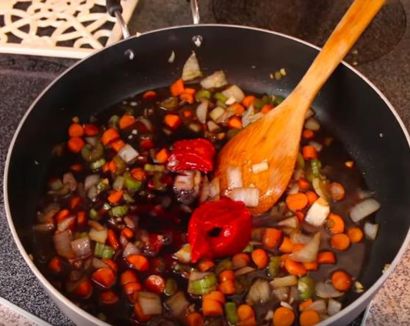 step 3 Stir in Worcestershire Sauce (1/4 cup), Balsamic Vinegar (1/4 cup), Tomato Paste (1 Tbsp), and Red Wine (1 cup). Reduce for 3 minutes.