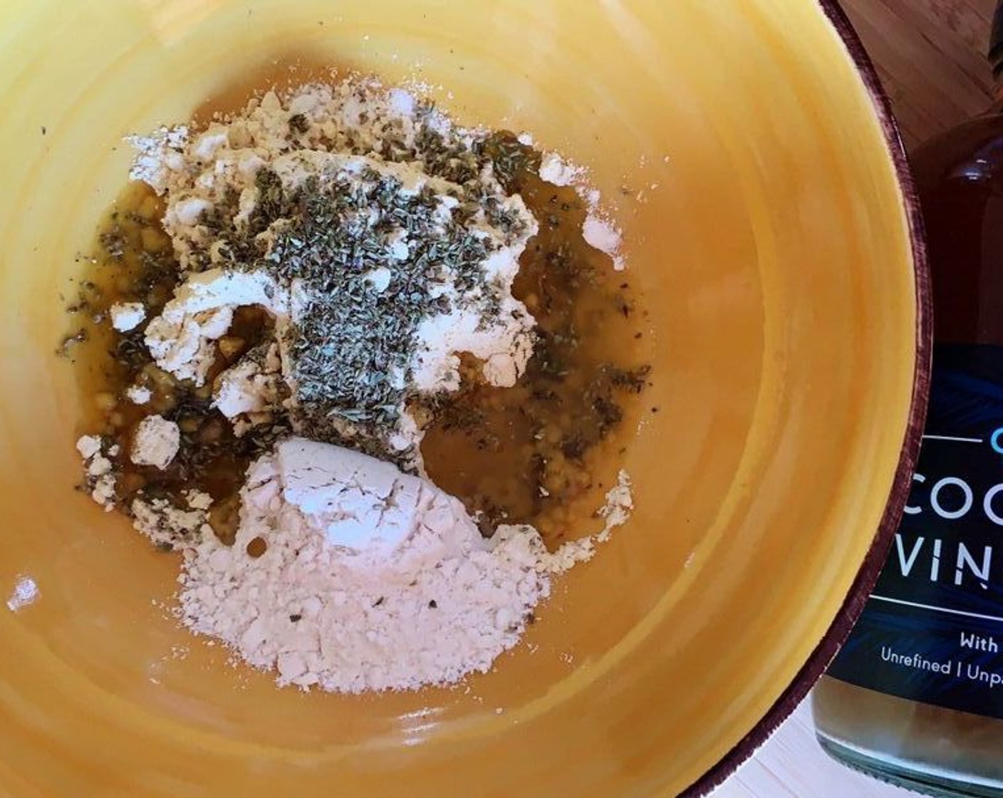 step 2 In a large bowl, combine Chickpea Flour (1/3 cup), Rice Flour (2 Tbsp), Extra-Virgin Olive Oil (1 Tbsp), Dried Oregano (1 Tbsp), Coconut Vinegar (1 tsp), and Himalayan Rock Salt (1/2 tsp).