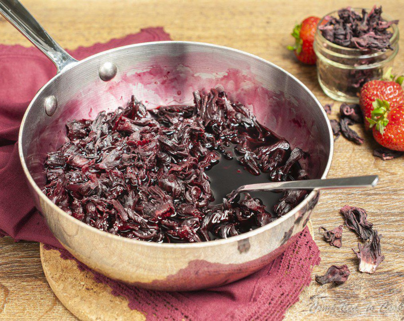 step 1 In a medium saucepan bring Water (1 1/2 cup) to a simmer. Add Dried Hibiscus Flowers (3/4 cup) and bring back to a boil, stirring to soak all the hibiscus. Turn off heat and allow to steep for 10 to 15 minutes, stirring once or twice.