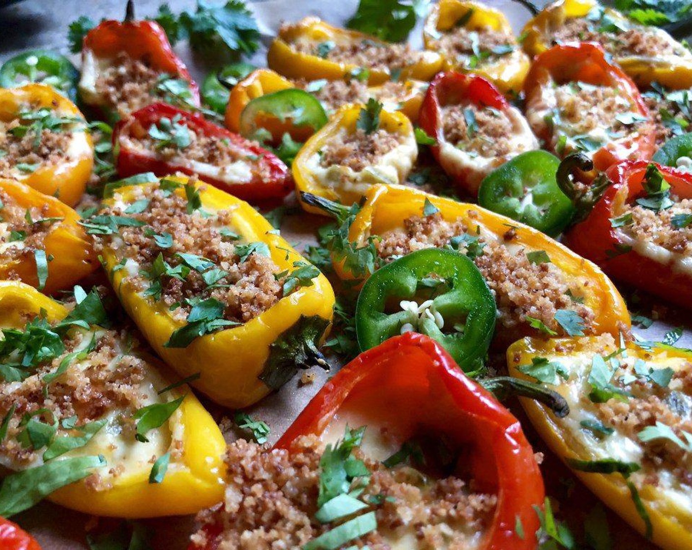 step 10 Sprinkle the filled mini peppers with the panko mixture and Fresh Cilantro (2 Tbsp).