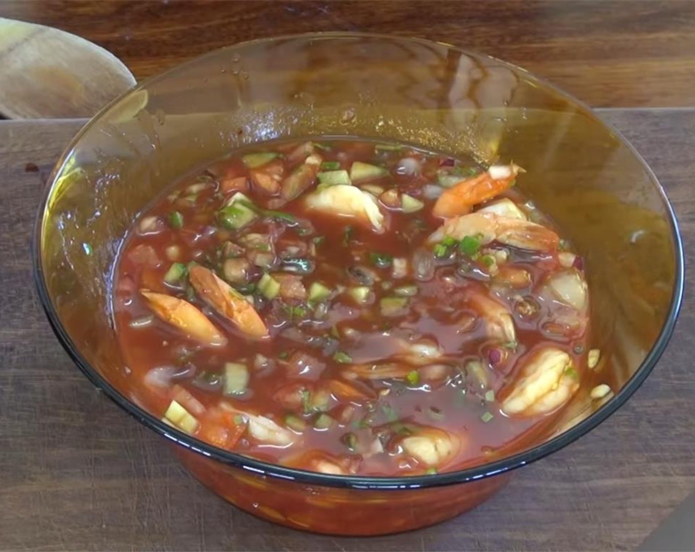 step 8 Drain the shrimp, and add to the tomato mixture. Mix again. Cover the bowl with plastic wrap, and refrigerate for at least 30 minutes and for a max of 12 hours.