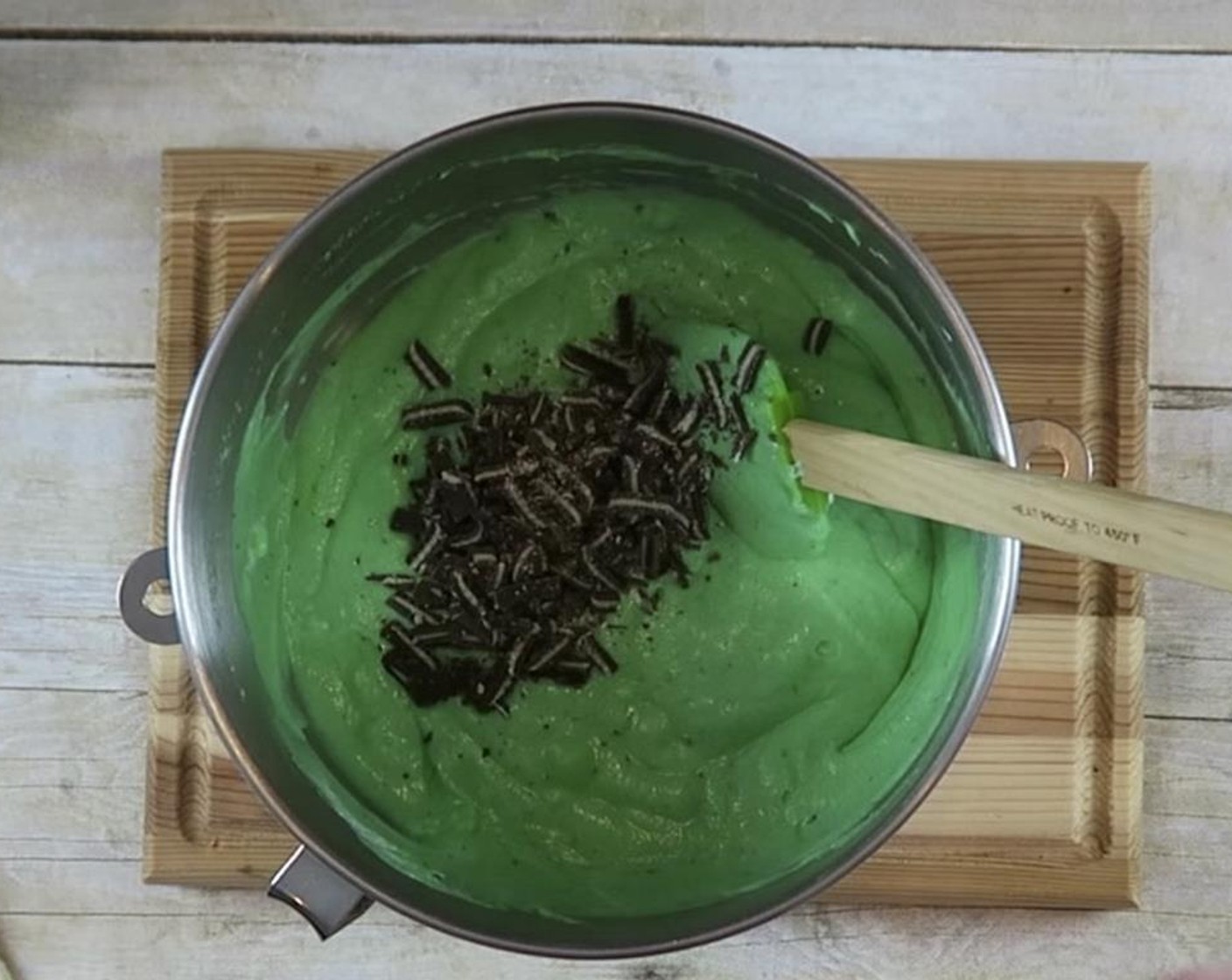 step 11 Cut up Mint Chocolate Candies (10) into small pieces and add to mixture.