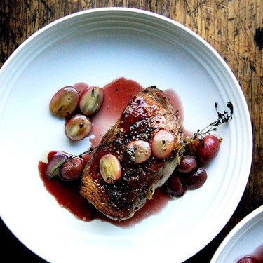 Perfectly Cooked Duck Breasts with Banylus Gastrique and Roasted Grapes Recipe | SideChef
