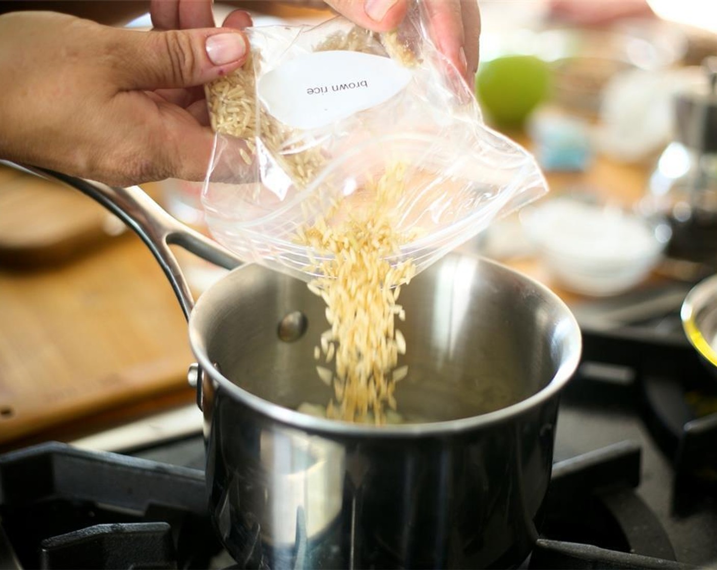 step 3 Add Brown Rice (1/4 cup) with half a cup of cold water. Bring to a boil, lower heat down to a simmer, and cover and cook for thirty eight minutes until rice is tender. Remove from heat, fluff rice, cover and hold.