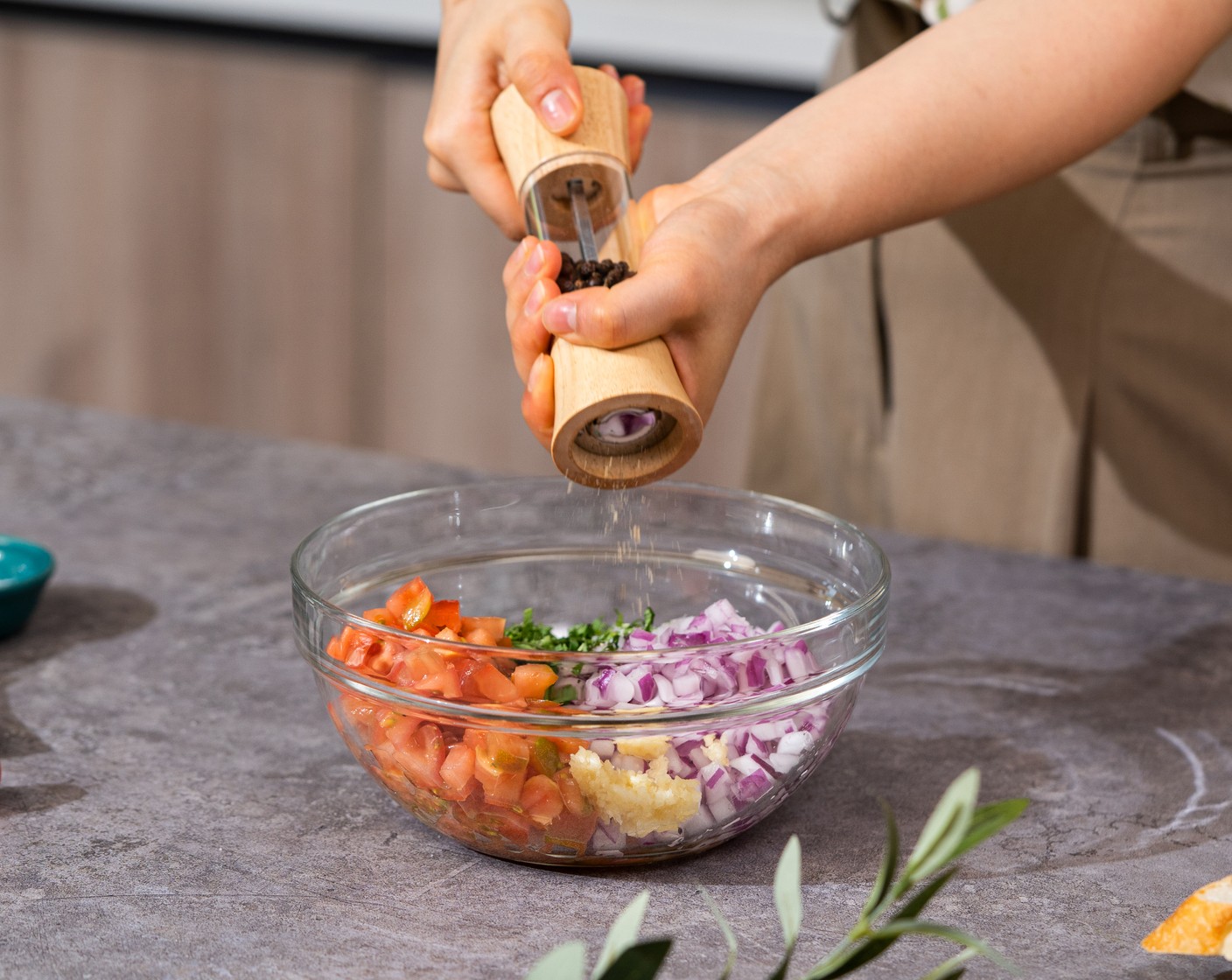 step 1 Make the bruschetta by mixing Tomatoes (1 1/2 cups), Red Onion (1/2), Garlic (2 cloves), Fresh Basil (4 Tbsp), and Olive Oil (2 Tbsp) in a medium bowl. Season with Salt (to taste) and Ground Black Pepper (to taste). Set aside in the fridge.